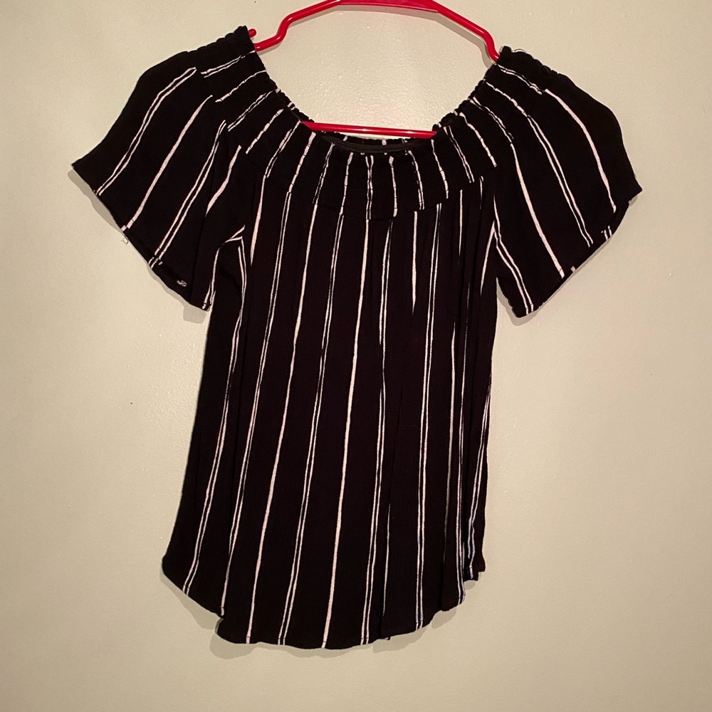 Off the Shoulder Black & White Striped Shirt